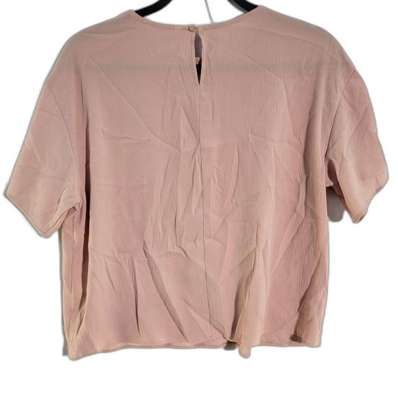 UNIQLO Pink Crinkle Oversized Boxy Short Sleeve Key Hole Back Blouse Crew Neck S - Picture 2 of 7